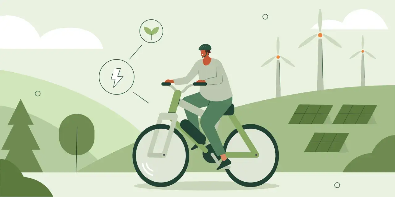 Mężczyzna na rowerze elektrycznym, symbolizującym ekologiczne podróże i duży zasięg. W tle farmy wiatrowe i panele słoneczne.