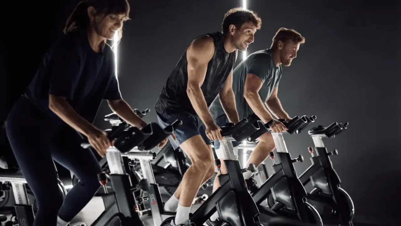 Trzy osoby ćwiczą na rowerach stacjonarnych w ciemnym pomieszczeniu. Widać ich skupienie i wysiłek, co sugeruje pozytywne indoor cycling efekty.