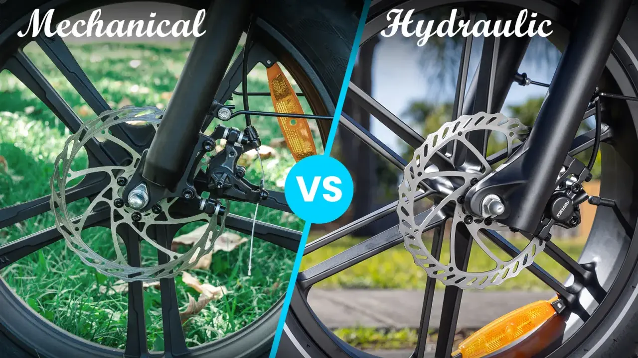 Porównanie hamulców tarczowych: mechaniczne vs hydrauliczne. Widok z bliska na zaciski i tarcze rowerowe.