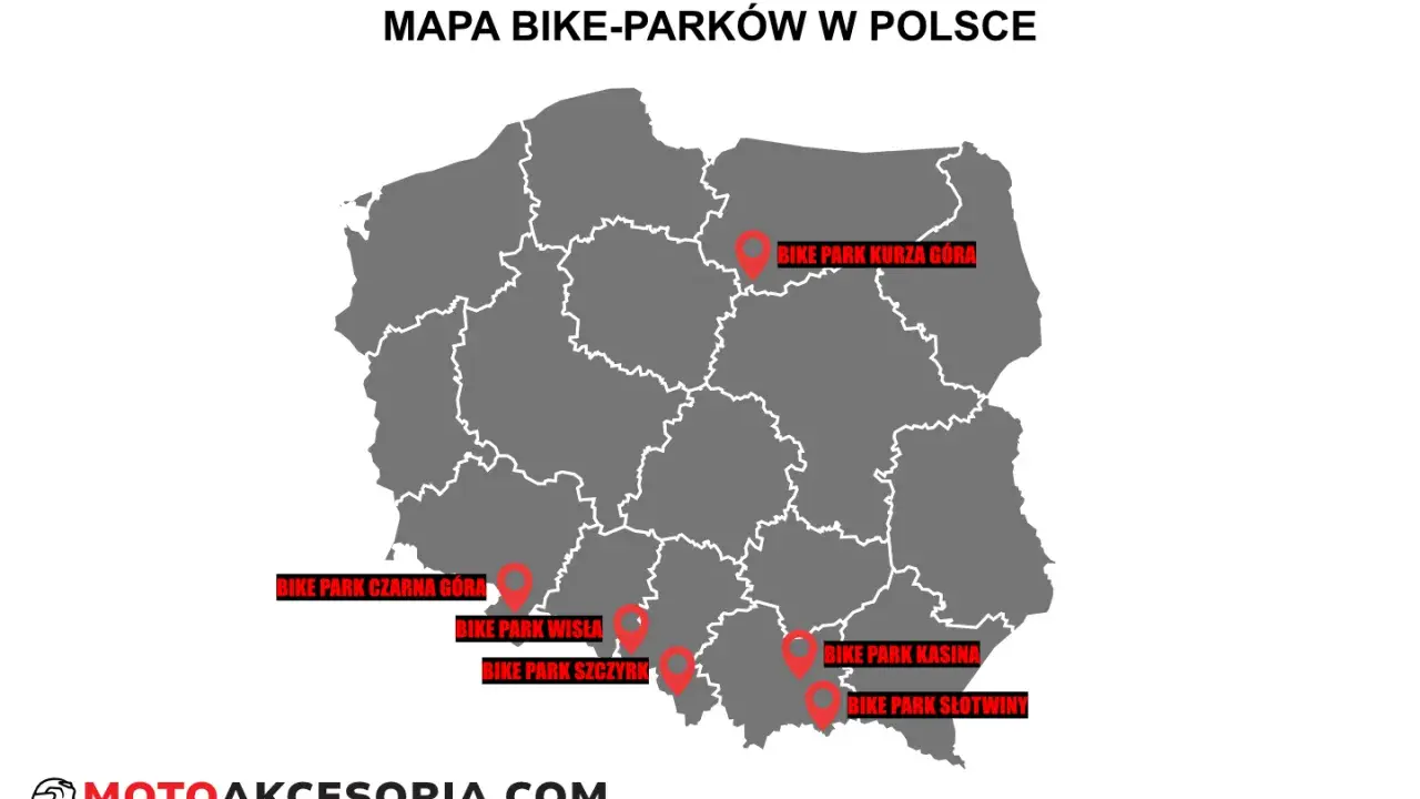 Mapa bike parków w Polsce z zaznaczonymi lokalizacjami: Kurza Góra, Czarna Góra, Wisła, Szczyrk, Kasina, Słotwiny.