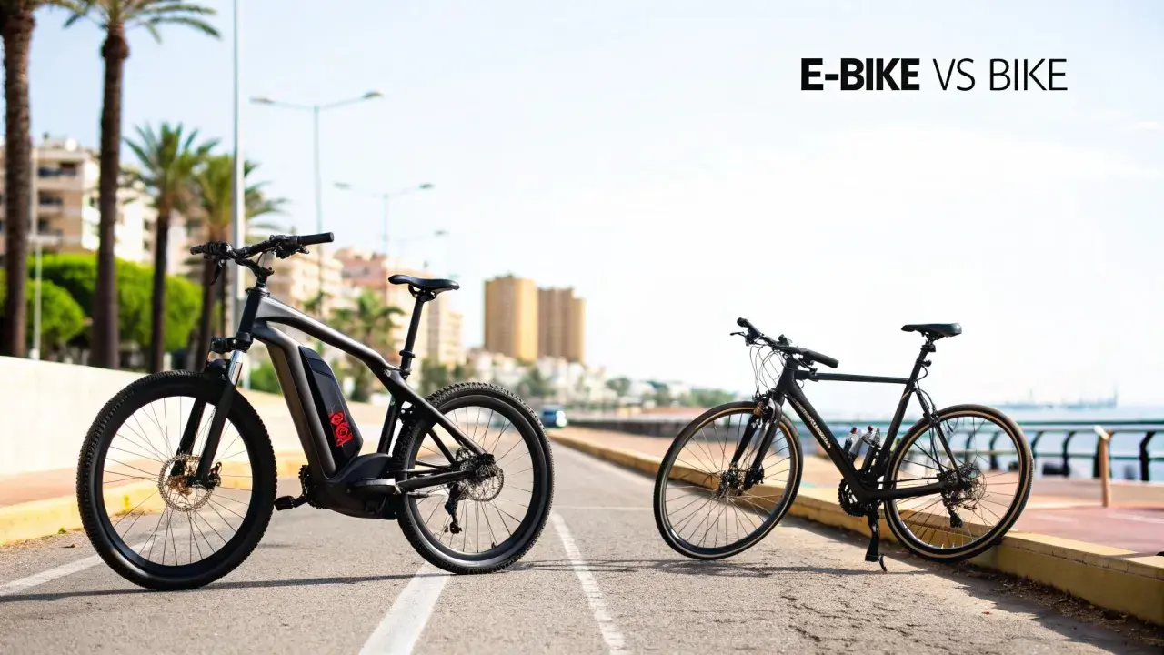 Porównanie wagi roweru elektrycznego i zwykłego roweru. E-bike jest masywniejszy, z widocznym akumulatorem.