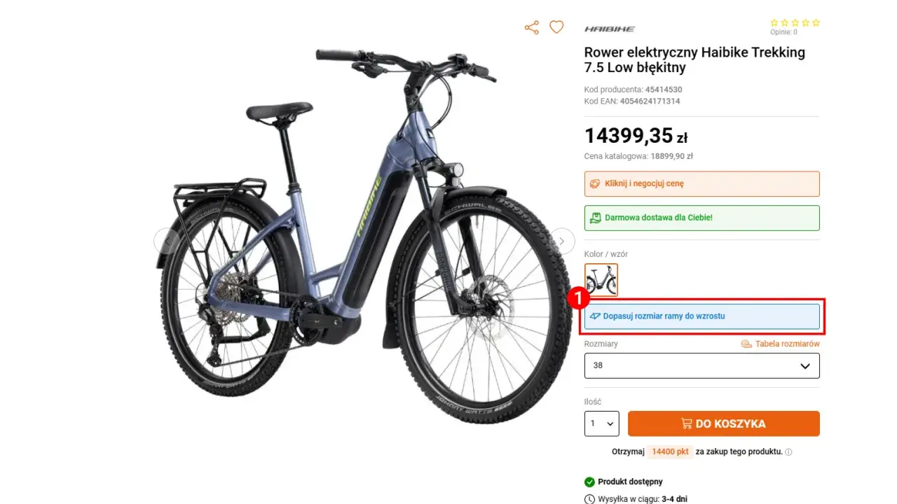 Błękitny rower elektryczny Haibike Trekking 7.5 Low. Wybierz odpowiedni rozmiar ramy do wzrostu, aby dopasować swój idealny reach w rowerze.