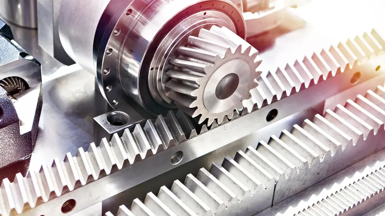Metalowe tryby i zębatki, tworzące mechanizm przekładni zębatej, gotowe do pracy.