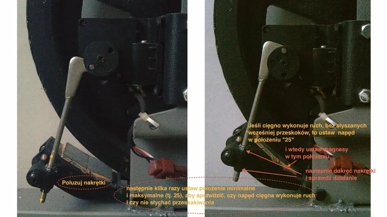 Regulacja napędu roweru magnetycznego. Sprawdź, czy cięgno pracuje płynnie, bez stukania przy pedałowaniu.