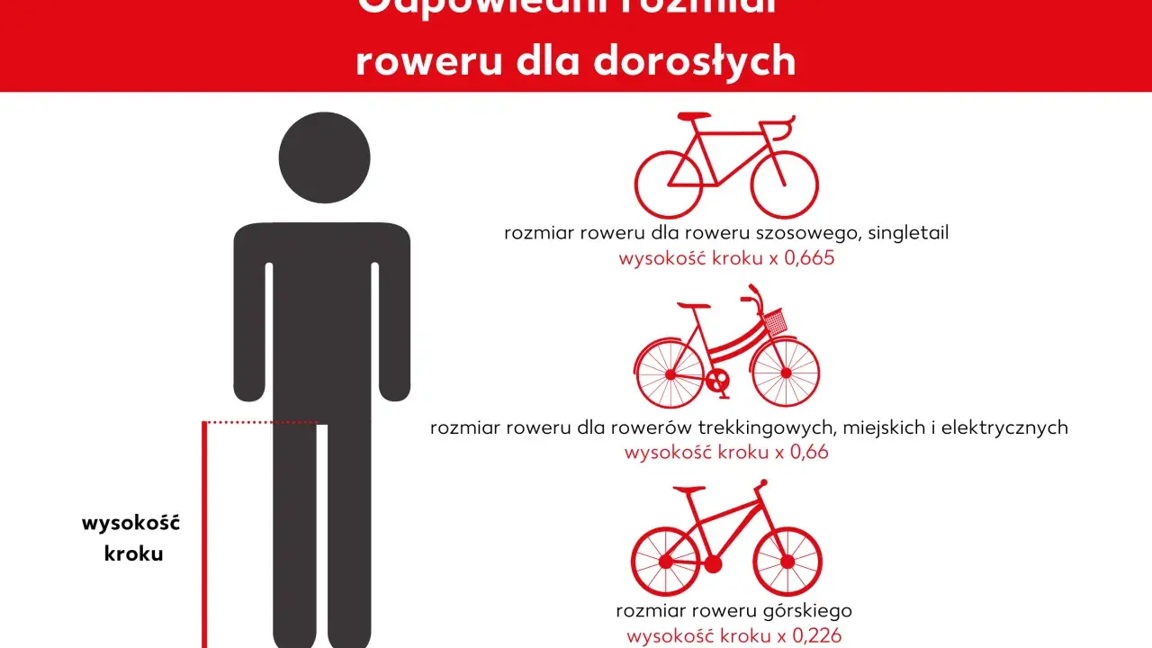 Grafika pokazuje, jak dobrać rozmiar ramy roweru do wzrostu. Podano wzory na rozmiar roweru szosowego, trekkingowego i górskiego, zależne od wysokości kroku.
