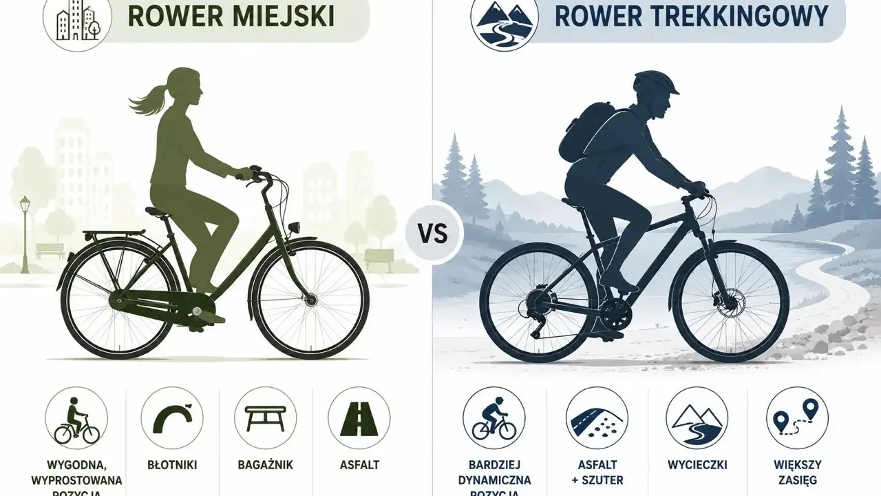 Porównanie dwóch rodzajów rowerów: miejskiego (wygodna pozycja, błotniki, bagażnik, asfalt) i trekkingowego (dynamiczna pozycja, asfalt+szuter, wycieczki, większy zasięg).