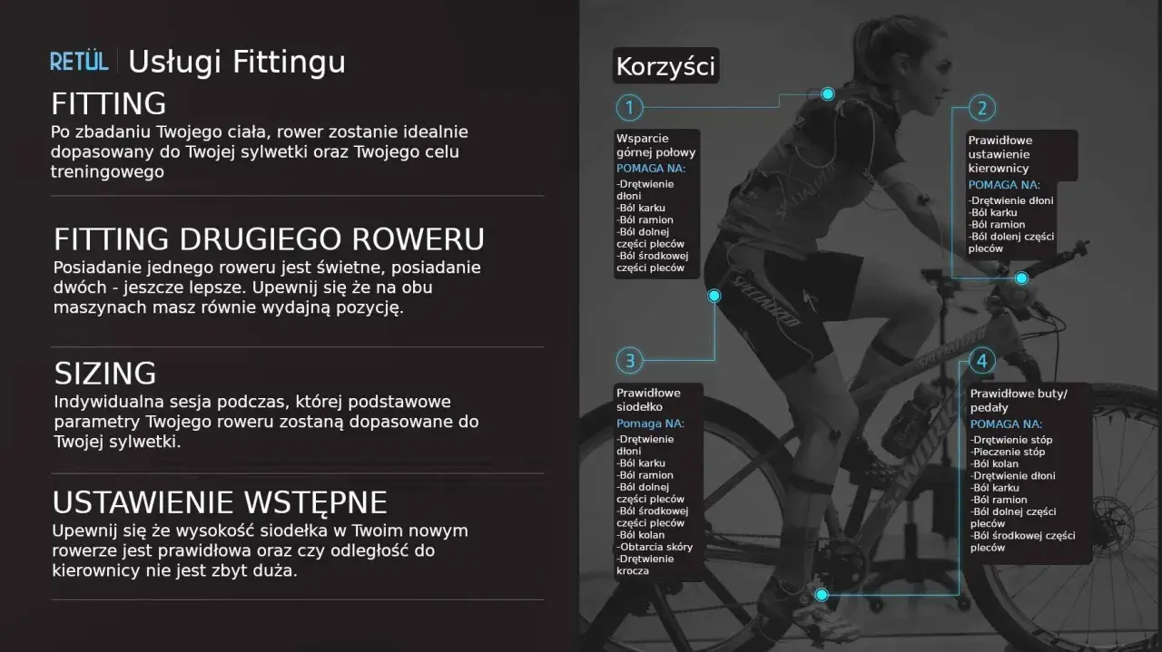Kobieta na rowerze podczas sesji bike fitting. Dopasowanie roweru do ciała poprawia komfort i zapobiega bólom.
