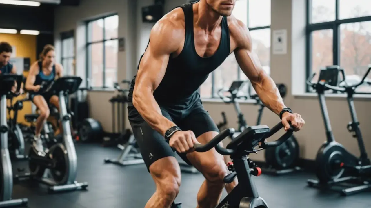 Intensywny trening cardio na rowerze stacjonarnym w siłowni. Mężczyzna z wyrzeźbionymi mięśniami pedałuje z determinacją.