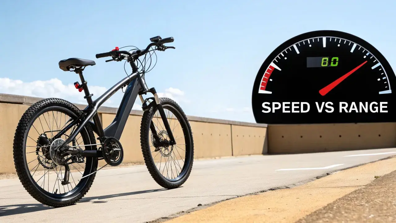 Czarny rower elektryczny na tle nieba i drogi. Obok prędkościomierz z napisem "SPEED VS RANGE", sugerujący maksymalna prędkość roweru elektrycznego.