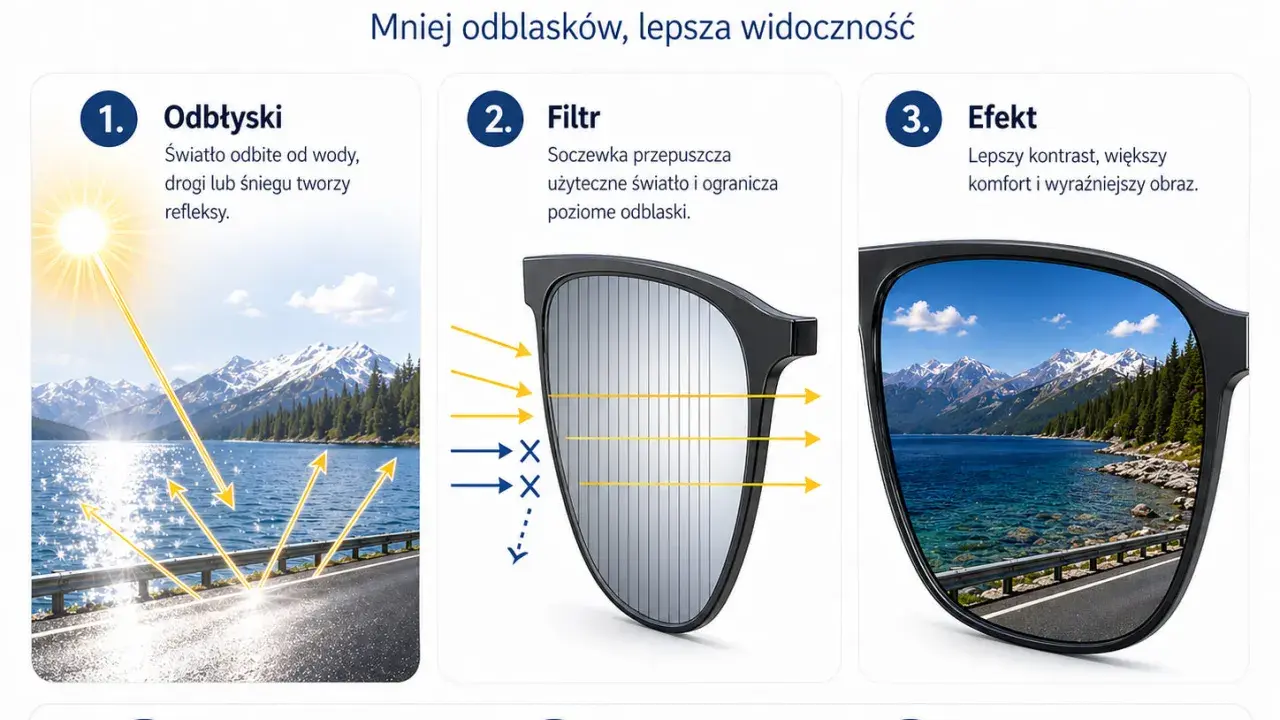 Ilustracja pokazuje, jak polaryzacja w okularach redukuje odblaski od wody i drogi, zapewniając lepszą widoczność i komfort.