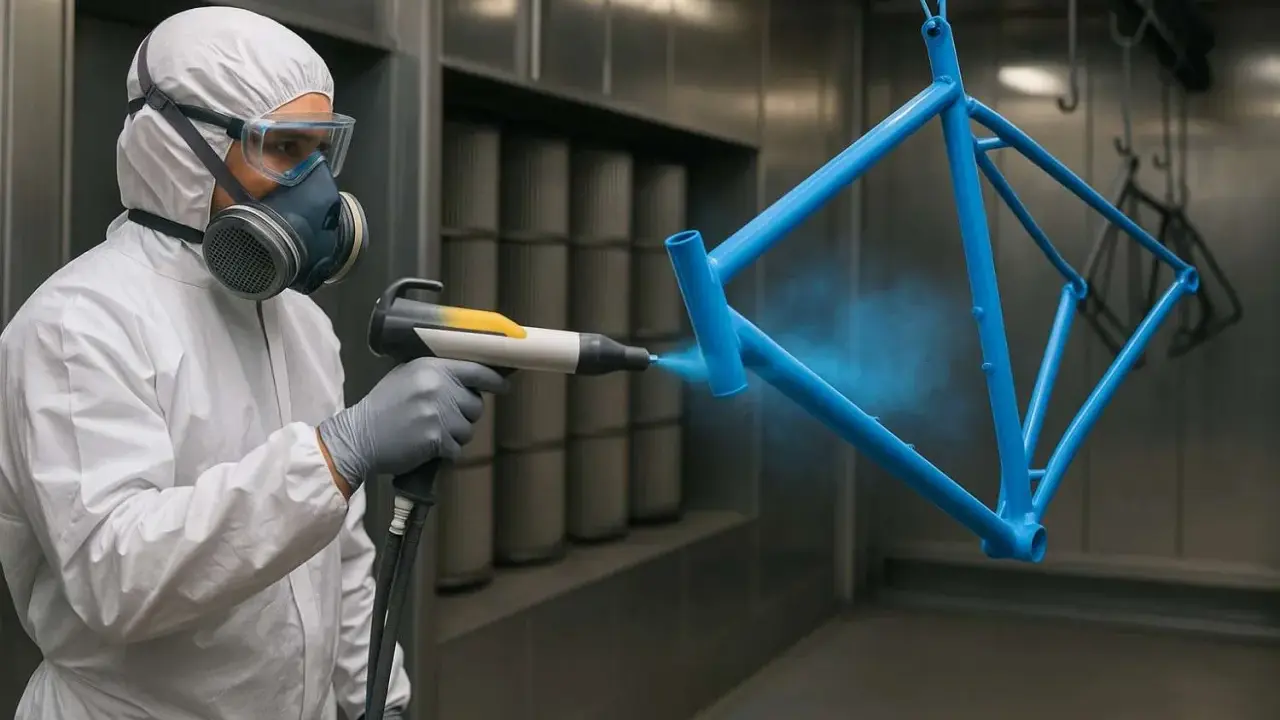 Pracownik w kombinezonie i masce maluje proszkowo niebieską ramę rowerową.
