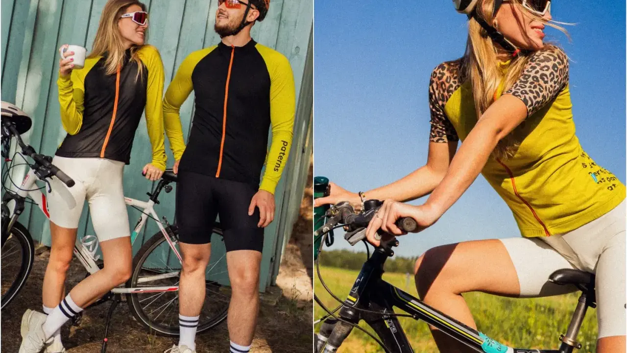 Para rowerzystów w strojach sportowych. Ona ma białe spodenki i żółto-czarną bluzę, on czarne spodenki i żółto-czarną bluzę. Idealnie, jak się ubrać na rower!