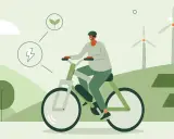 Mężczyzna na rowerze elektrycznym, symbolizującym ekologiczne podróże i duży zasięg. W tle farmy wiatrowe i panele słoneczne.