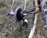 Błyszczący mechanizm przerzutek rowerowych, gotowy do precyzyjnej regulacji.