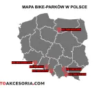 Mapa bike parków w Polsce z zaznaczonymi lokalizacjami: Kurza Góra, Czarna Góra, Wisła, Szczyrk, Kasina, Słotwiny.