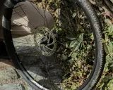 Naprawa roweru: wymiana szprychy w kole z tarczą hamulcową, na tle kamiennej ścieżki i zielonych liści.