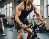 Intensywny trening cardio na rowerze stacjonarnym w siłowni. Mężczyzna z wyrzeźbionymi mięśniami pedałuje z determinacją.