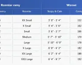 Tabela rozmiarów rowerów Kellys: centymetry, rozmiar, wzrost w stopach i calach, wzrost w centymetrach.