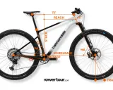 Geometria roweru górskiego Cannondale z zaznaczonymi wymiarami: reach, stack, wzrost, wheelbase, BB drop, HA, TT, HT, ST, SA, CS, trail.