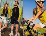 Para rowerzystów w strojach sportowych. Ona ma białe spodenki i żółto-czarną bluzę, on czarne spodenki i żółto-czarną bluzę. Idealnie, jak się ubrać na rower!