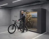 Mężczyzna wprowadza rower do nowoczesnego boksu do przechowywania rowerów. W środku już wiszą dwa rowery.