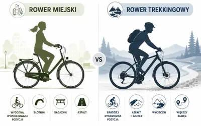 Porównanie dwóch rodzajów rowerów: miejskiego (wygodna pozycja, błotniki, bagażnik, asfalt) i trekkingowego (dynamiczna pozycja, asfalt+szuter, wycieczki, większy zasięg).
