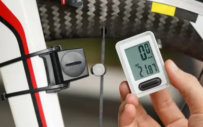 Dłoń trzyma licznik rowerowy, pokazując jak ustawić licznik rowerowy. Na ekranie widnieje dystans 21.87 km.