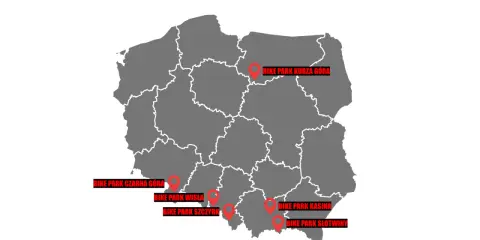Mapa bike parków w Polsce z zaznaczonymi lokalizacjami: Kurza Góra, Czarna Góra, Wisła, Szczyrk, Kasina, Słotwiny.