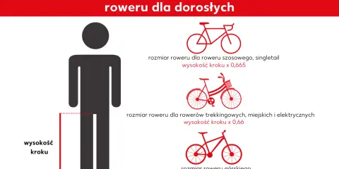 Grafika pokazuje, jak dobrać rozmiar ramy roweru do wzrostu. Podano wzory na rozmiar roweru szosowego, trekkingowego i górskiego, zależne od wysokości kroku.