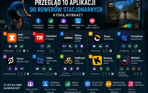 Przegląd 10 aplikacji na rower stacjonarny: Zwift, TrainerRoad, Wahoo SYSTM, Rouvy, TrainingPeaks Virtual Cycling, Peloton, FulGaz, MyWhoosh, Kinomap, Merach. Wybierz najlepszą aplikację na rower.