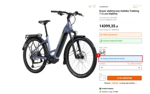 Błękitny rower elektryczny Haibike Trekking 7.5 Low. Wybierz odpowiedni rozmiar ramy do wzrostu, aby dopasować swój idealny reach w rowerze.