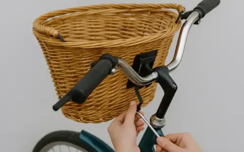 Instrukcja: jak zamontować koszyk do roweru click. Ręce dokręcają śrubę mocującą wiklinowy koszyk do kierownicy.