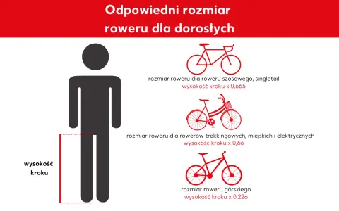 Grafika pokazuje, jak dobrać rozmiar ramy roweru do wzrostu. Podano wzory na rozmiar roweru szosowego, trekkingowego i górskiego, zależne od wysokości kroku.
