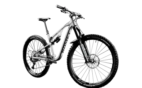 Srebrny rower górski z pełnym zawieszeniem, z oponami Michelin Wild Enduro i obręczami DT Swiss M1700. To przykład marki rowerowe premium.