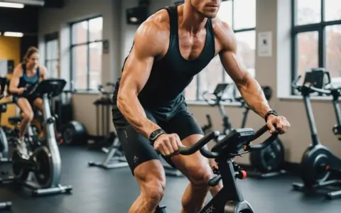 Intensywny trening cardio na rowerze stacjonarnym w siłowni. Mężczyzna z wyrzeźbionymi mięśniami pedałuje z determinacją.
