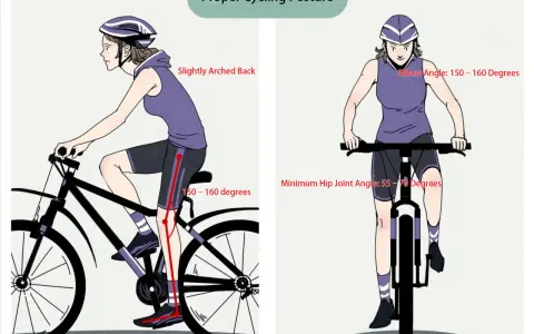Prawidłowa pozycja na rowerze crossowym: lekko wygięte plecy, kąt łokcia 150-160 stopni, kąt stawu biodrowego 55-70 stopni.