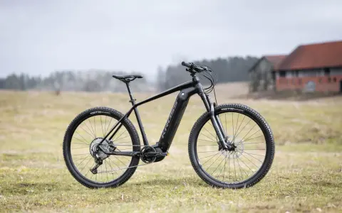 Czarny rower Kross Level Boost 3.0 z napędem elektrycznym stoi na trawie. W tle budynki i drzewa.