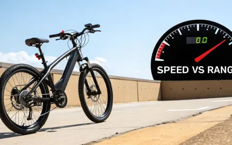 Czarny rower elektryczny na tle nieba i drogi. Obok prędkościomierz z napisem "SPEED VS RANGE", sugerujący maksymalna prędkość roweru elektrycznego.