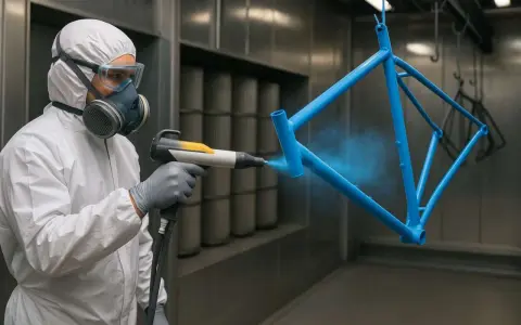 Pracownik w kombinezonie i masce maluje proszkowo niebieską ramę rowerową.