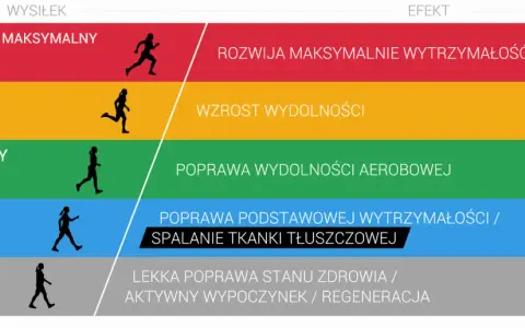 Grafika pokazuje poziomy wysiłku i ich efekty. Umiarkowany wysiłek (70-80%) poprawia tętno aerobowe, budując wytrzymałość.