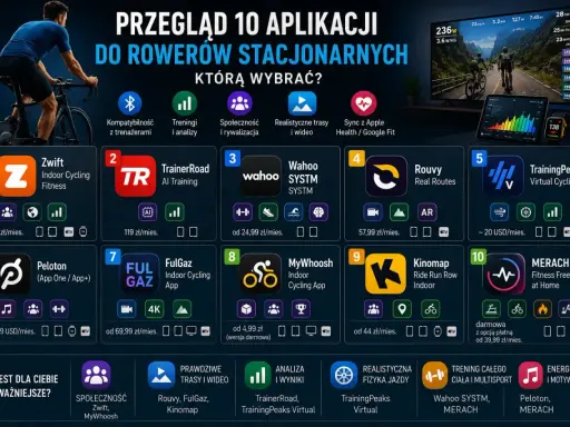 Przegląd 10 aplikacji na rower stacjonarny: Zwift, TrainerRoad, Wahoo SYSTM, Rouvy, TrainingPeaks Virtual Cycling, Peloton, FulGaz, MyWhoosh, Kinomap, Merach. Wybierz najlepszą aplikację na rower.