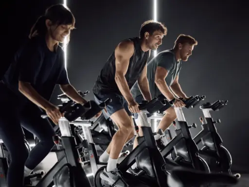 Trzy osoby ćwiczą na rowerach stacjonarnych w ciemnym pomieszczeniu. Widać ich skupienie i wysiłek, co sugeruje pozytywne indoor cycling efekty.