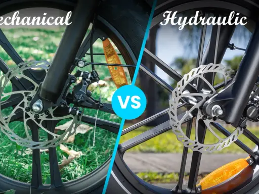 Porównanie hamulców tarczowych: mechaniczne vs hydrauliczne. Widok z bliska na zaciski i tarcze rowerowe.
