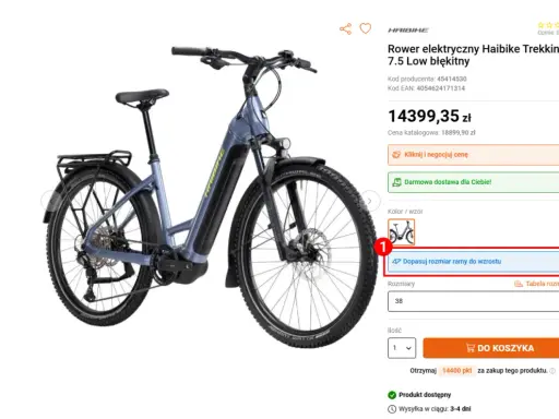 Błękitny rower elektryczny Haibike Trekking 7.5 Low. Wybierz odpowiedni rozmiar ramy do wzrostu, aby dopasować swój idealny reach w rowerze.