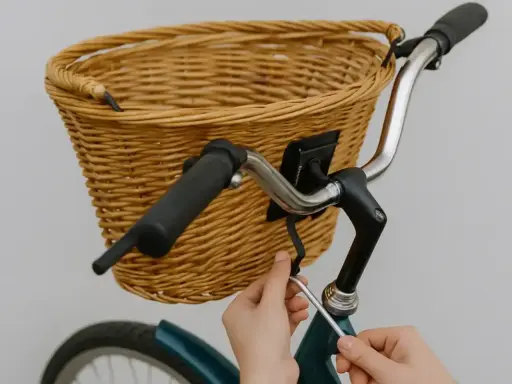 Instrukcja: jak zamontować koszyk do roweru click. Ręce dokręcają śrubę mocującą wiklinowy koszyk do kierownicy.