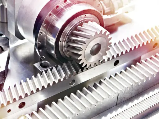Metalowe tryby i zębatki, tworzące mechanizm przekładni zębatej, gotowe do pracy.