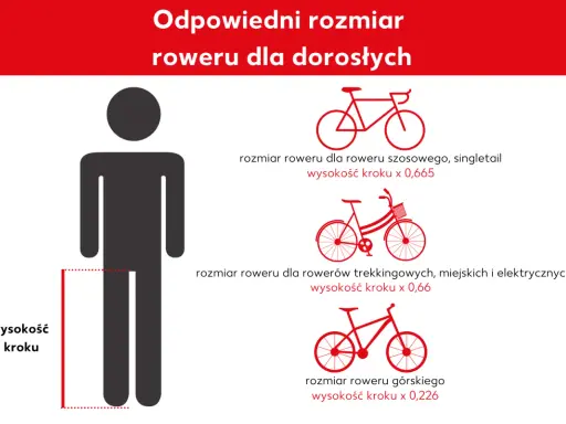 Grafika pokazuje, jak dobrać rozmiar ramy roweru do wzrostu. Podano wzory na rozmiar roweru szosowego, trekkingowego i górskiego, zależne od wysokości kroku.