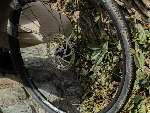 Naprawa roweru: wymiana szprychy w kole z tarczą hamulcową, na tle kamiennej ścieżki i zielonych liści.