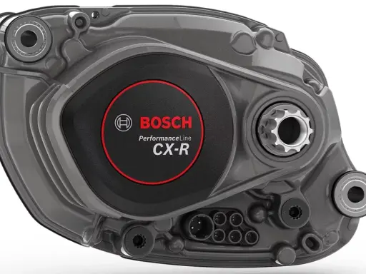 Silnik rowerowy Bosch Performance Line CX-R, szary, z logo Bosch.
