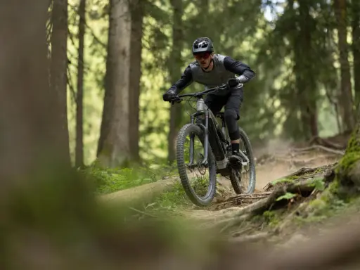 Rowerzysta w kasku i okularach zjeżdża po wyboistej leśnej ścieżce. To właśnie jest **co to enduro** – jazda po trudnym terenie.